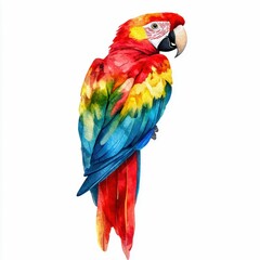 Obraz premium Vibrant watercolor painting of a colorful parrot with stunning red, yellow, and blue feathers perched on a white background.