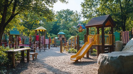 A kids zoo with a colorful playground and animal exhibits.