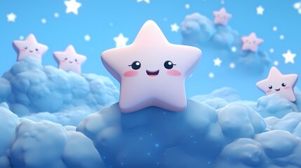 Fototapeta premium Smiling star with rosy cheeks and big eyes floating happily among fluffy clouds in the night sky.