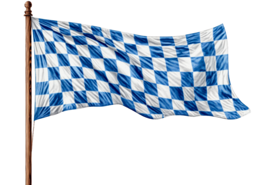 Blue and white checkered flag waving in the breeze isolated on transparent background - Powered by Adobe