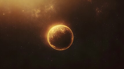 Golden Planet Illuminated Against Dark Space Background with Nebula Hints