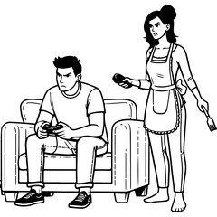 Angry Woman Interrupts Man Playing Video Games.