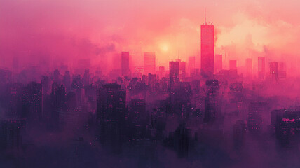 Fototapeta premium a pink city skyline with a red sky in the background.