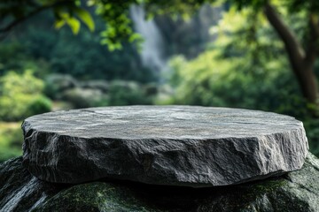 Obraz premium Stone podium on rock platform 3d illustration, grey rock pedestal for a product display stand, green forest and blurred on the background,with generative ai