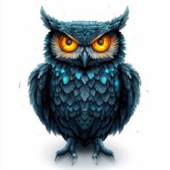Fototapeta premium Illustrated image of a cute blue owl with striking golden eyes, showcasing detailed feathers and a charming expression.