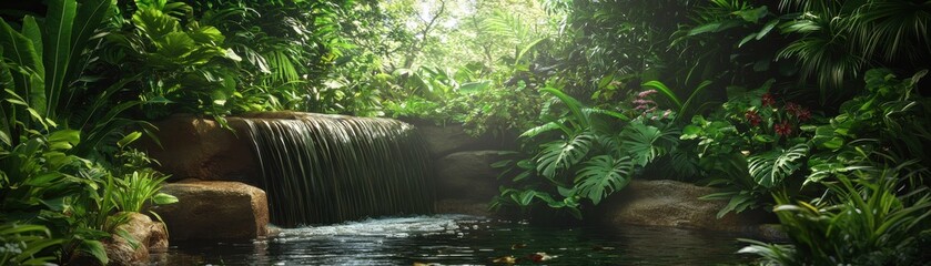 A serene forest scene featuring a tranquil stream and lush greenery, perfect for relaxation and nature-inspired themes.