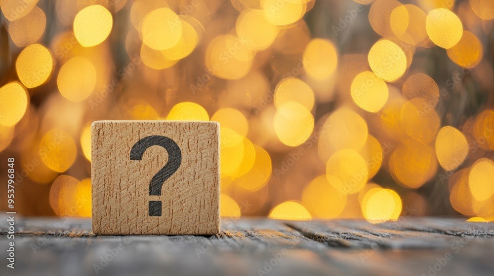 Poster wooden block with a question mark against a golden bokeh background representing mystery and inquiry