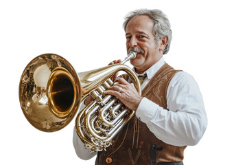 Tuba player in traditional clothes indoors isolated on transparent background