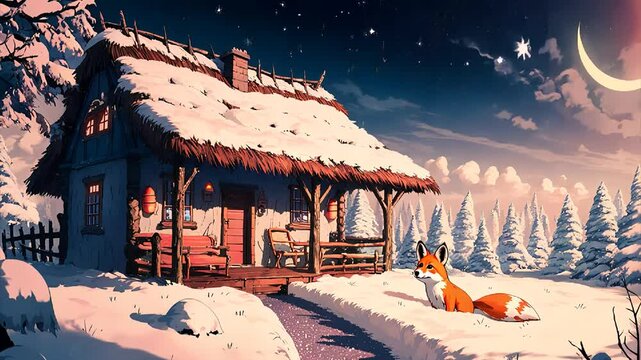 Cozy cabin in a snowy landscape at dawn with a serene atmosphere and distant mountains winter