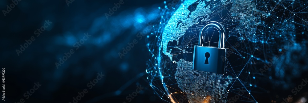 Poster Global padlock icon over a digital map representing worldwide cybersecurity. Concept of global data protection and secure networks.