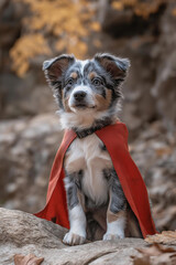 a cute blue Merle Australian Shepherd pup wearing a red cape
