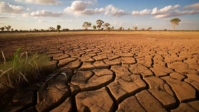 Drought Cracked earth under a bright sky at sunset reveals the impact global warming environment