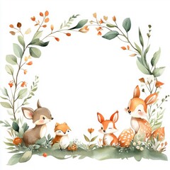 Cute woodland animals and floral frame illustration, ideal for baby shower invitations, nursery decor, and greeting cards.