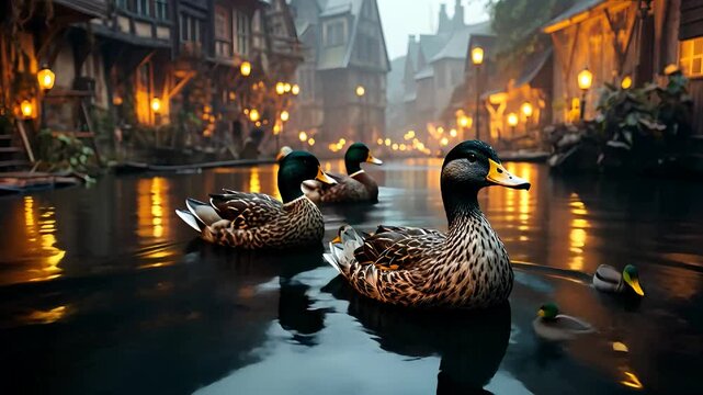 Duck Swimming on a canal water lightning and house far away bird,