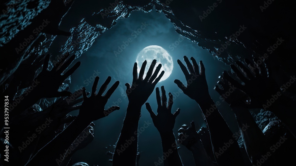Poster a group of zombie hands reaching up from a shadowy pit, illuminated by moonlight.