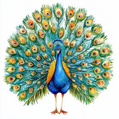 Colorful illustration of a majestic peacock with vibrant plumage spread wide showcasing its beautiful feathers in full display.