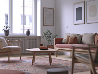Fototapeta premium Mid century Modern Interior in the living room with sofa and table. Generative AI 