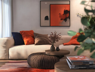 Mid century Modern Interior in the living room with sofa and table. Generative AI
