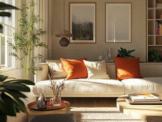 Mid century Modern Interior in the living room with sofa and table. Generative AI
