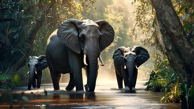Elephants walking through a lush forest path during golden hour near a watering hole