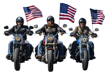 Three bikers on a flag-adorned trip isolated on transparent background