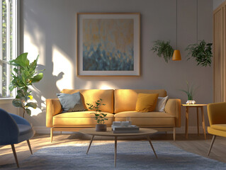 Modern interior. This is a Scandinavian interior photo of a living room with a pretty picture frame hanging on a white wall, a sofa made with a yellow wooden frame, and a flower pot. Generative AI