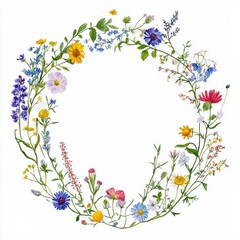 Obraz premium Beautiful floral round frame with an assortment of wildflowers and leaves on a white background, perfect for invitations and designs.