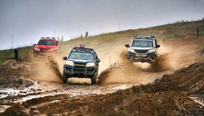 Off road racing on uphill and muddy tracks in the rain