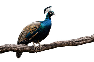 Obraz premium Beautiful peacock perched on a branch in daylight isolated on transparent background