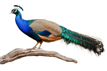 Fototapeta premium Peacock on a branch in the wild isolated on transparent background