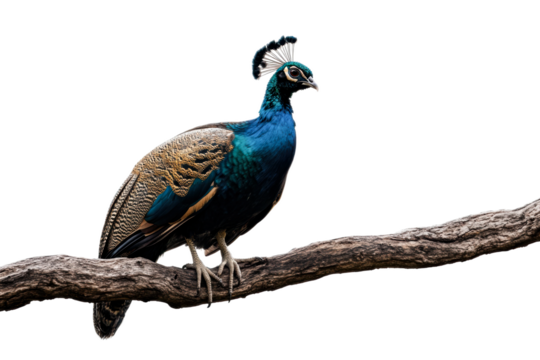 Beautiful peacock perched on a branch in daylight isolated on transparent background
