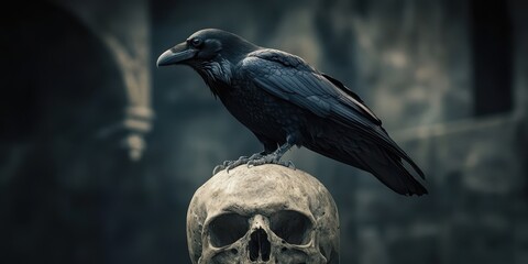 Naklejka premium A black raven perched on a skull 