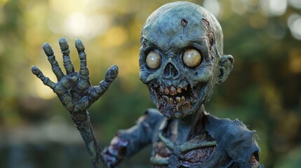 A friendly-looking zombie with a soft, rounded face and tiny hands, waving hello.