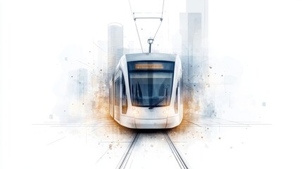 A modern tram moving through an urban landscape, symbolizing efficient public transportation and city development.
