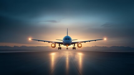 A stunning airplane prepares for takeoff under a twilight sky, showcasing its illuminated landing lights and sleek design.