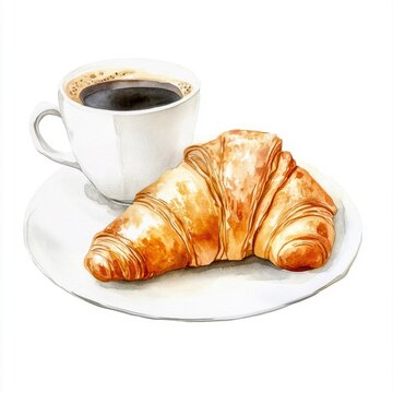 A delicious croissant and a cup of coffee on a white plate, perfect European breakfast illustration.