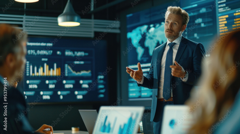 Aufkleber a corporate executive explaining financial data on a screen in a modern conference room to team memb