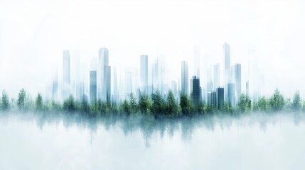 A misty skyline blends urban architecture with nature, creating a serene and ethereal atmosphere for modern landscapes.