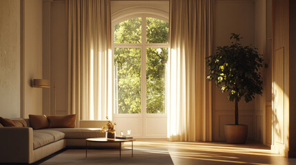 A living room with a couch, a coffee table, and a potted plant