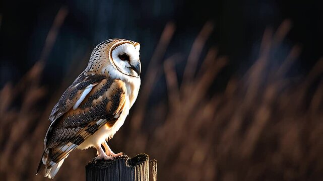Barn owl perched on a log in a dimly lit meadow during twilight hours