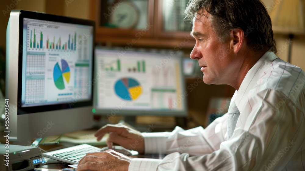 Poster busy businessman reviewing financial reports on computer screen in office setting