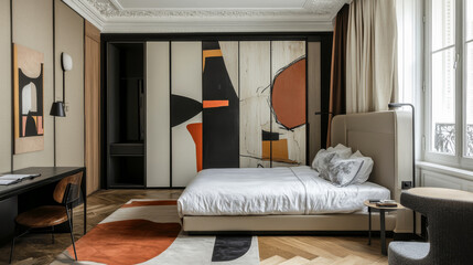 A bedroom with a bed, dresser, and nightstand