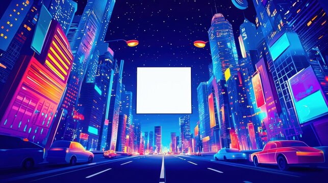 Vibrant cityscape with neon lights and a blank billboard, perfect for futuristic or urban themes.