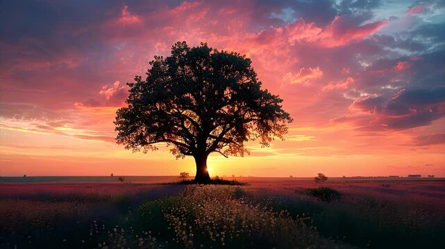 Vibrant sunset behind a solitary tree on a grassy landscape with colorful skies yellow orange red