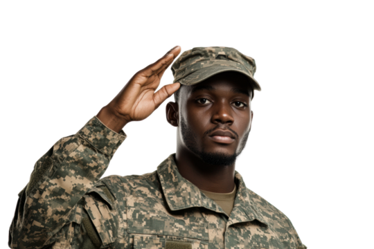 Uniformed soldier saluting backdrop isolated on transparent background