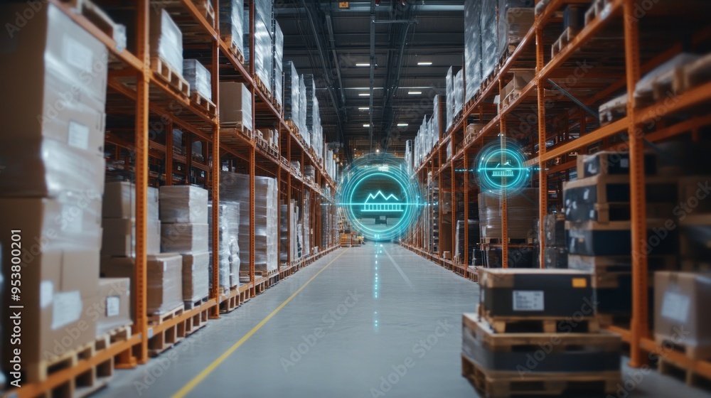 Poster warehouse with stacks of pallets and futuristic hologram