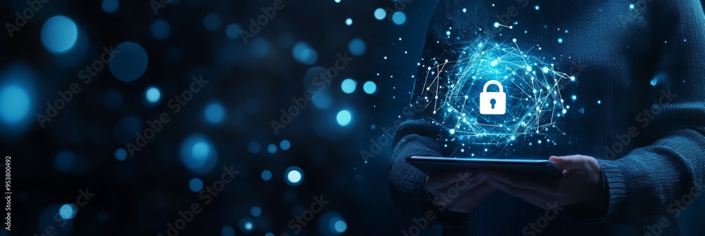 Poster person holding a tablet with a glowing lock icon surrounded by a digital network in a dark environme