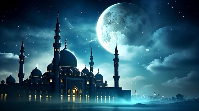 Mosque at night majestic full moon minaret sky clouds architecture Arabian religion culture Muslim