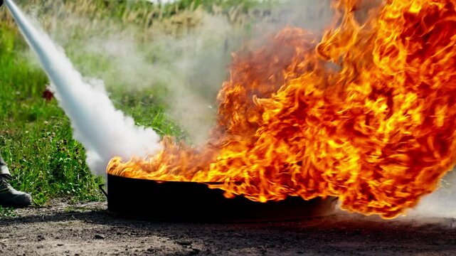 Firefighter battles roaring flame using fire extinguisher to combat spreading flame. Professional demonstrates essential firefighting techniques and safety measures. Slow motion in 4K, UHD
