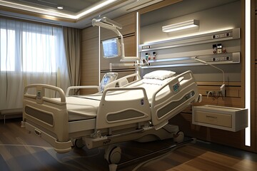 3D rendering of a hospital bed in a room with a window view